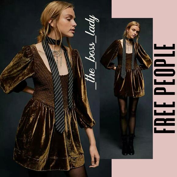 Free People Dresses & Skirts - Free People mini dress velvet smocked pleated boho cocktail party Small